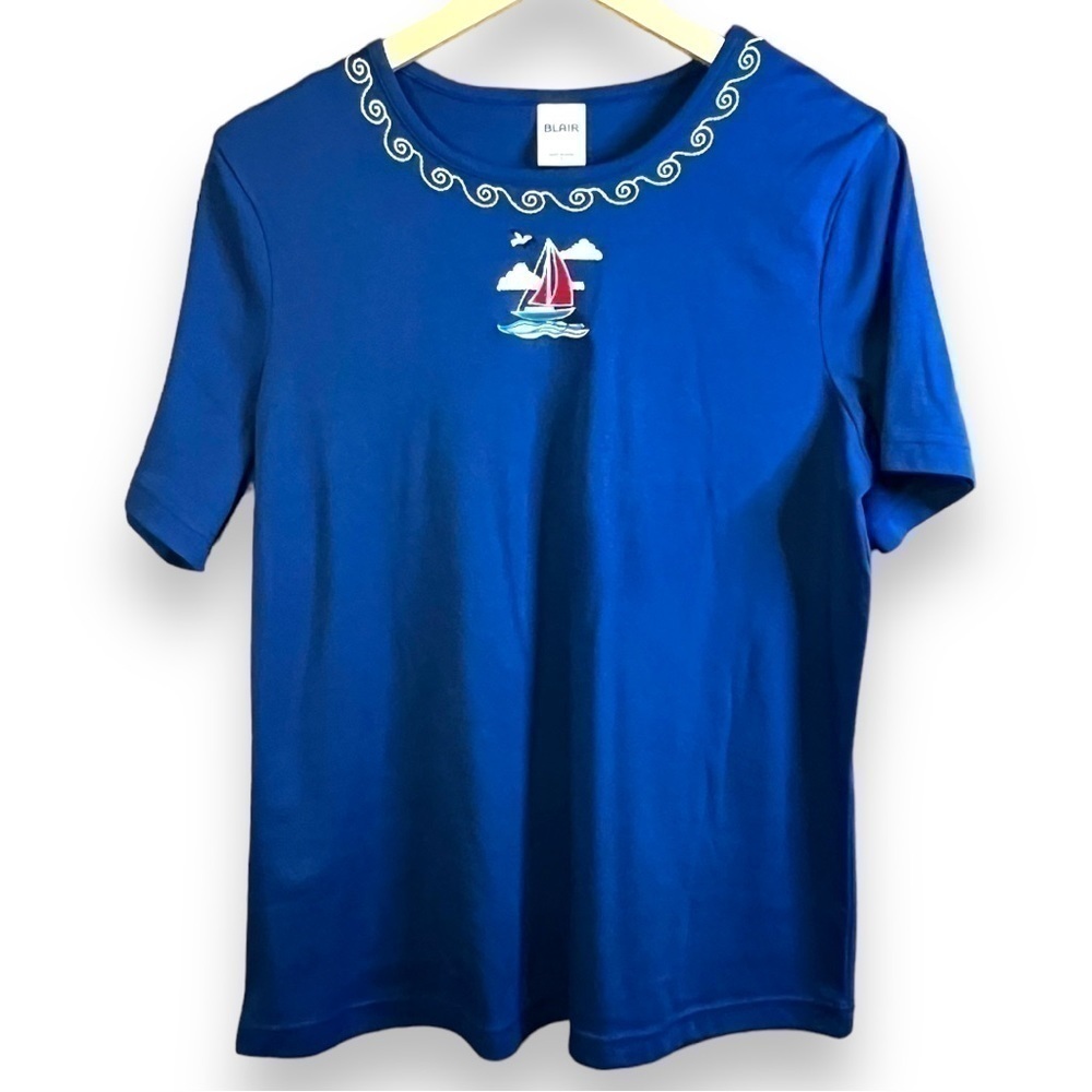 Blair Navy Nautical Embroidered Crew Neck Shirt, Size Large